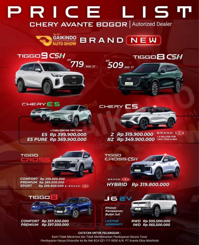 Pricelist Harga Chery tapos 2025